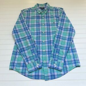 Vineyard Vines Blue & Green Plaid Button Down Boys Medium